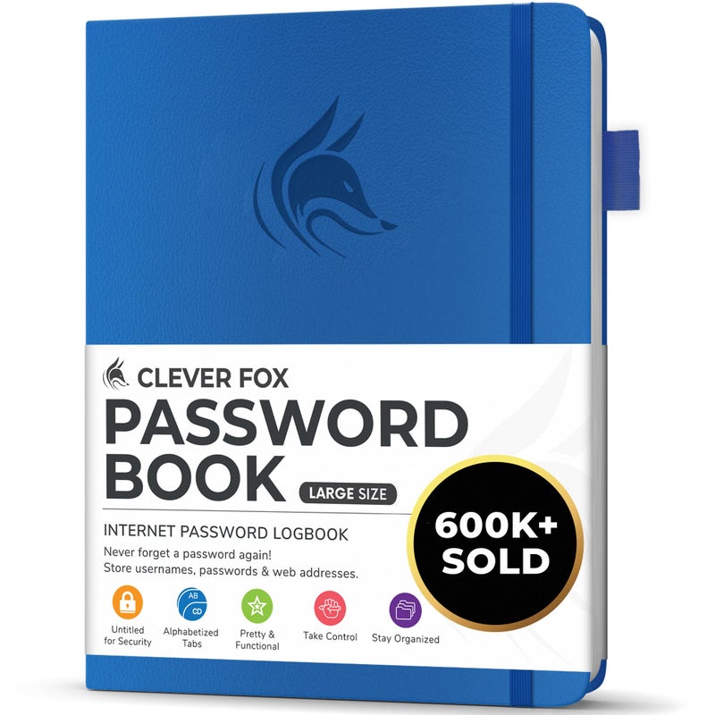 Clever Fox Password Book with alphabetical tabs. Internet Address Organizer Logbook. Large Password Keeper for Website Logins (Royal Blue) - Image 1